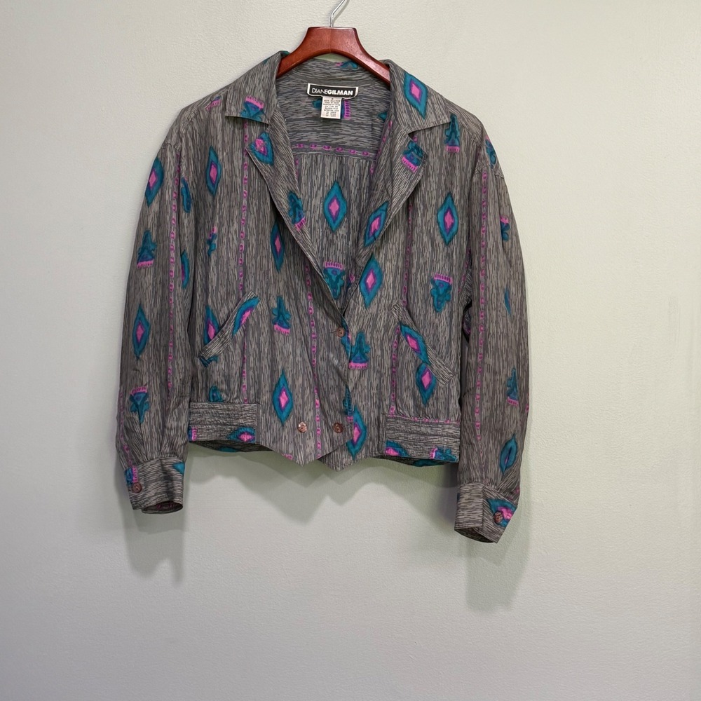 Vintage Diane Gilman Silk Jacket style Grey Teal Pink Ikat Diamond Print Small